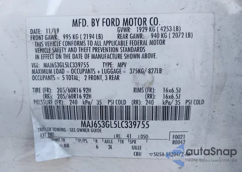 2020 Ford Ecosport Se z USA, uszkodzony, nr VIN MAJ6S3GL5LC339755